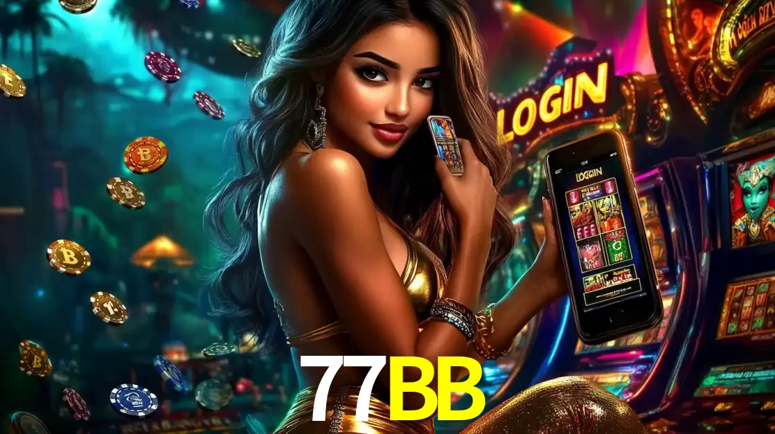 Mulher em um cenário de cassino temático de aventura, mostrando o app de caça-níqueis da 77BB no celular. Fichas de apostas flutuam ao redor.