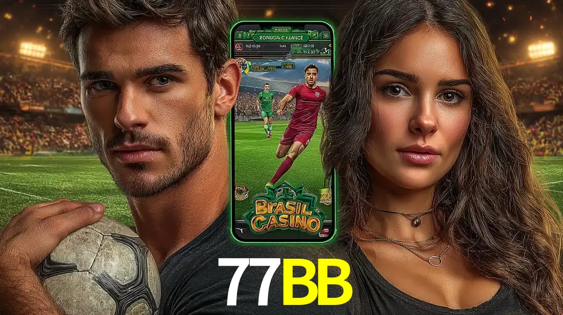 Homem segurando uma bola de futebol e uma mulher ao lado de um smartphone exibindo o jogo de apostas esportivas da 77BB. Faça seu palpite no cassino online.